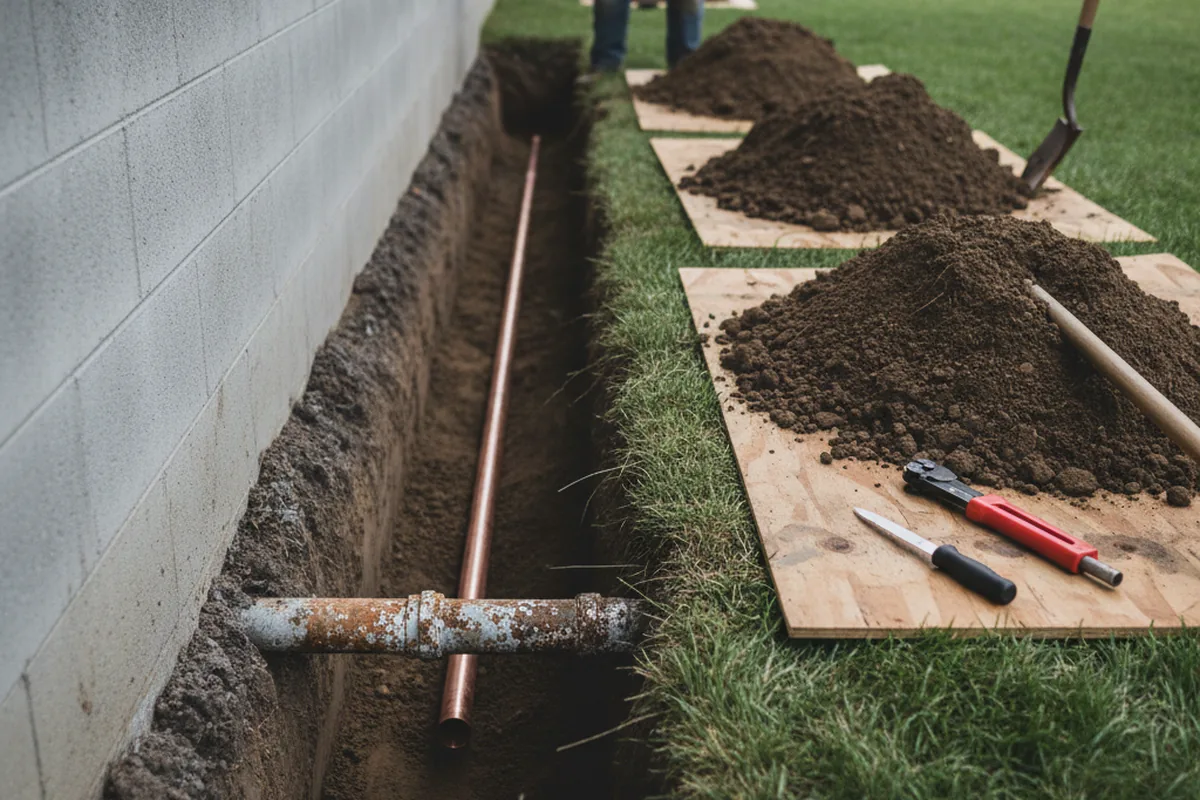 Excavated water line trench during Sewer Line Repair in Jansen